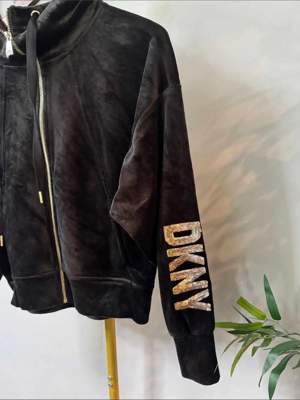 DKNY Black Velvet Hoodie with Gold and silver sequins Logo Sleeve EUC